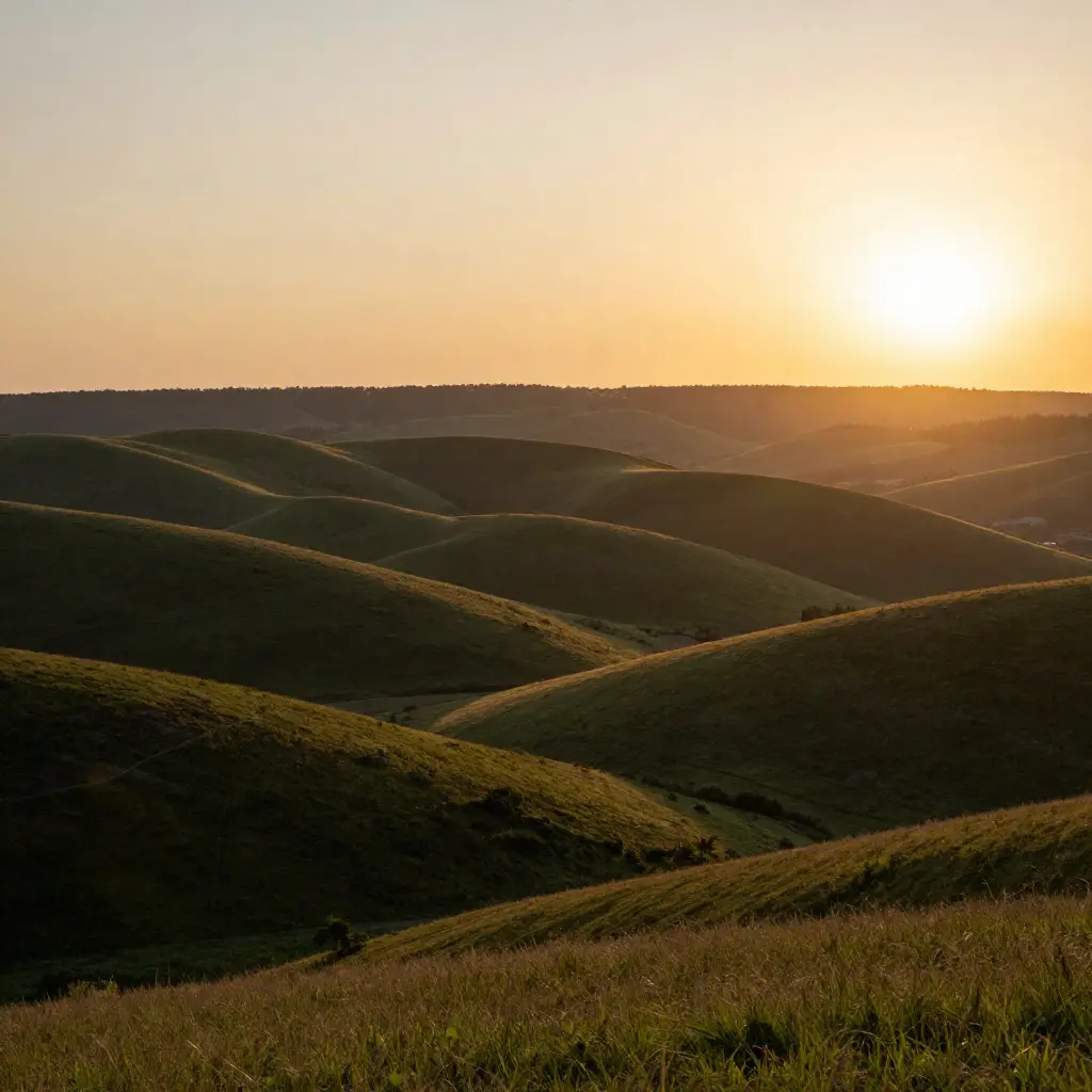 Scenic landscape with rolling hills and a warm sunrise representing a fresh start to the day